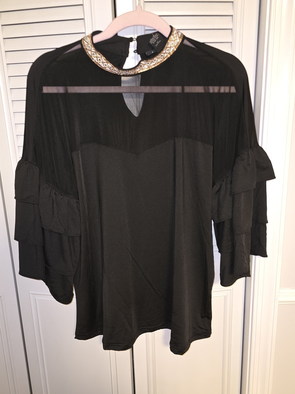 Ashley Stewart Black Blouse with Gold Embellished Collar